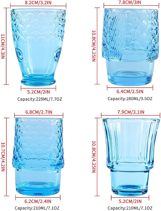 MDLUU Fish Design Tumbler Glasses, Stackable Drinking Glasses, Colored Glass Beverage Cups, Nautical Glassware for Gift, Set of 4 (Blue) - Image 3