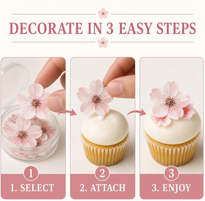 60Piece Edible Cherry Blossom Cake Toppers, Pre-Cut Wafer Paper Flowers in Assorted Sizes for Cupcakes, Baby Showers, Weddings, Birthdays and Spring Parties - Image 5