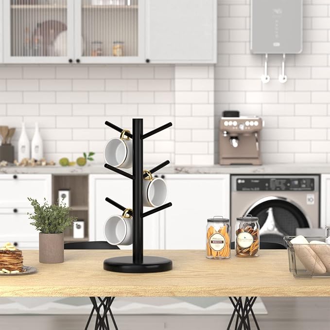 Dorhors Mug Holder Tree,Coffee Cup Holder,Mug Rack Stand Hook,Bar Organizer | Black Wood Coffee Station Accessories 6 Hook,Coffee Shelf Decor for Kitchen Countertop,Counter Storage Display Mug,Cup - Image 3