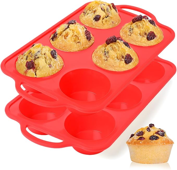 CAKETIME Jumbo Muffin Pan, 3.5 Inch Large Muffin Pan with Metal Reinforced Frame 6 Cup Silicone Jumbo Cupcake Pans for Baking Easy to Handle 2 Pack Red by CAKETIME