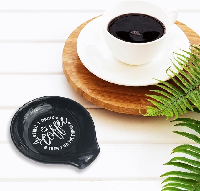 Littlefa Black Coffee Spoon Rest Holder-Coffee Bar Accessories | Funny Ceramic Coffee Spoon Rest for Coffee Bar Accessories Essentials, Coffee Lovers Gifts, But First I Drink Sign - Image 5