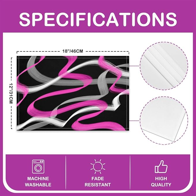 Feelyou Hot Pink Grey Black Placemats Set of 4 for Stripes Placemat for Kitchen Dining Table Decor Indoor Outdoor 18"x12" Geometric Table Place Mats, Modern Striped Art Abstract - Image 4
