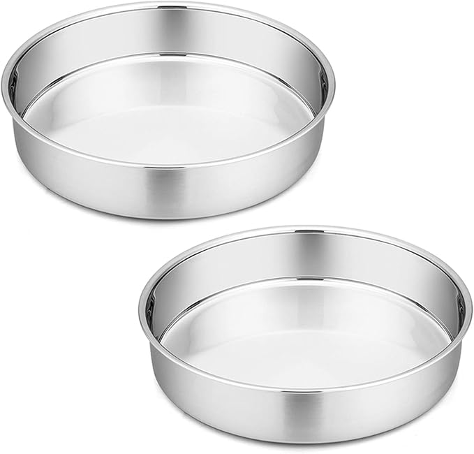 P&P CHEF 9.5 Inch Cake Pan Set of 2, Stainless Steel Round Baking Cake Pans | For Baking Serving, Non Toxic & Healthy, Leak-proof & Easy Clean, Mirror Finish & Easy Releasing, Oven & Dishwasher Safe by PPCHEF