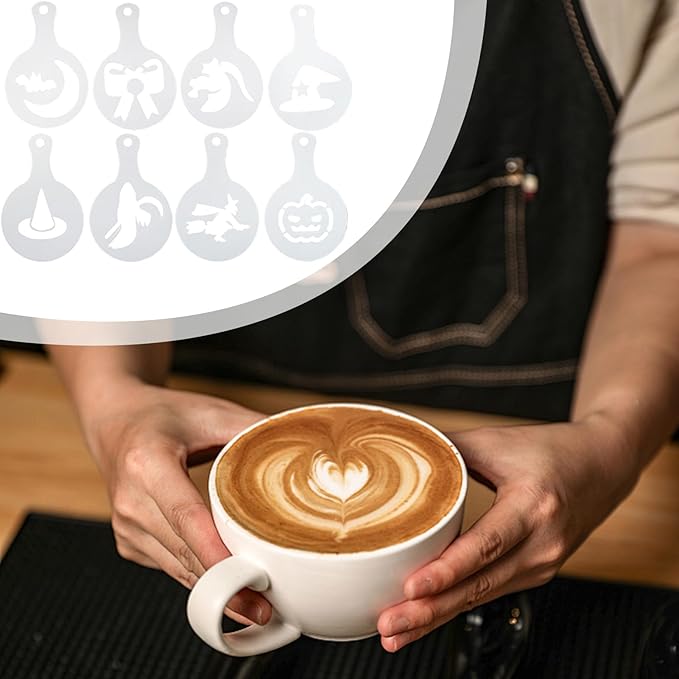Coffee Stencils - Latte Art Printer, 8 Piece Halloween Design Kit, Reusable Decoration Template, Creative Baking Mold | Tool for Bread, Cake, Cappuccino, Dessert Art, Restaurant or Home