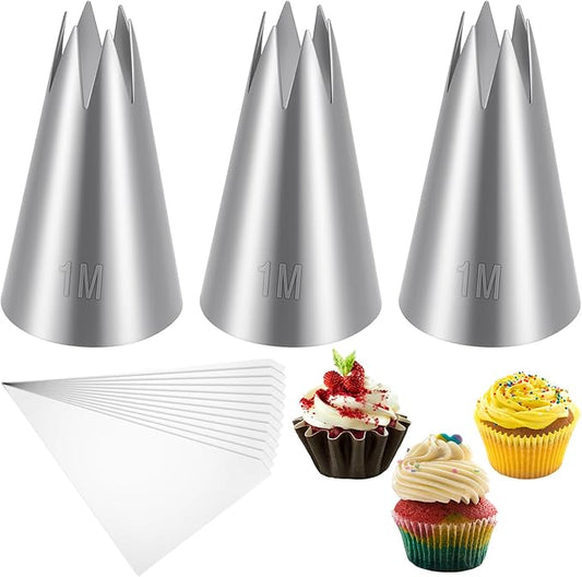 3Pcs 1M Piping Tips, Pastry Bags and Tips Cake Decorating Kit Cupcake Piping Kit Stainless Steel Icing Nozzles with 10Pcs Disposable Pipings Bags Cupcakes, Cookies, Pastry Cupcake Icing Kits