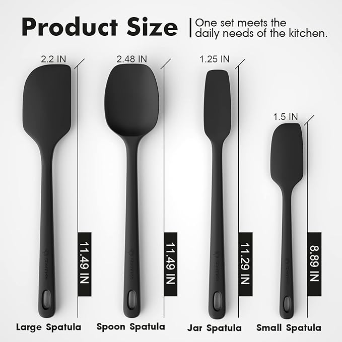 ChefAide 4 Pieces Silicone Spatula Set, Food Grade Rubber Spatula, Upgrade Strong Handle with Ergonomic Grip, Heat Resistant Up to 600°F for Nonstick Cookware, Cooking Baking Mixing, Black (SP4) - Image 2