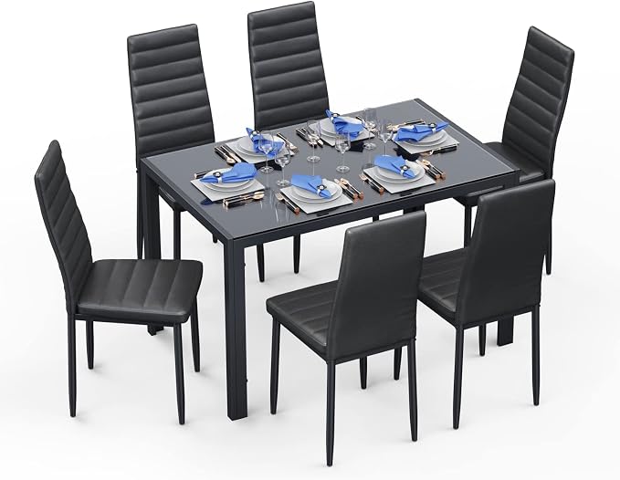 Gizoon Black 7 Piece Glass Dining Table Set, Kitchen Table and Chairs Set | PU Leather Modern Dining Room Furniture,Dining Table Sets,Space Saving Table and Chairs Set for Home, Kitchen, Living Room - Image 9