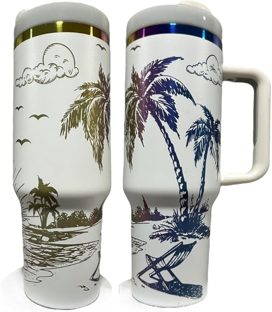 Tumbler, 40oz Tumbler, Western Tumbler, Engraved Cup with Handle, Cute Coffee Mug, 40oz Coffee Mug (White/Rainbow(19)-Beach(C8))