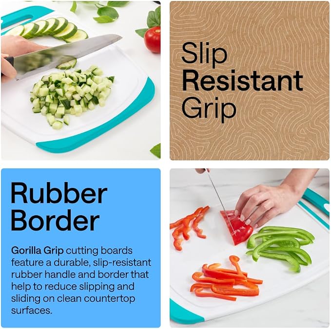 GORILLA GRIP BPA-Free Reversible Kitchen Cutting Board Set of 3, US Designed, Nonporous, Juice Grooves Catch Liquid, Slip Resistant Border, Dishwasher Safe Durable Large Food Chopping Boards Turquoise - Image 3