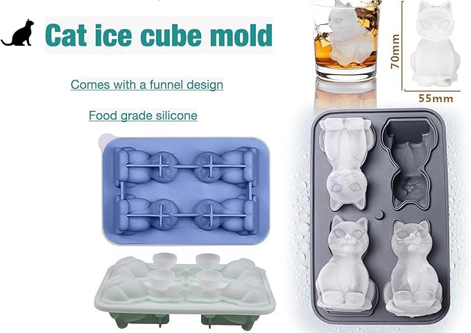 3D Cat Silicone Ice Cube Mold with Funnel - Whiskey & Cocktail Ice Trays for Bourbon, Brandy, Fast Freeze BPA-Free, Easy Release Novelty Gift for Men (blue)