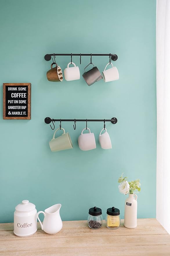 Mkono Wall Mounted Mug Holder, Coffee Cup Hanger Rack with 10 Hooks, 2 Pack | Kitchen Rod, Space Saving, Easy Assembly, Wall & Under Cabinet, Durable Metal, Kitchen Dining Bar Organizer, Multi-Function - Image 3