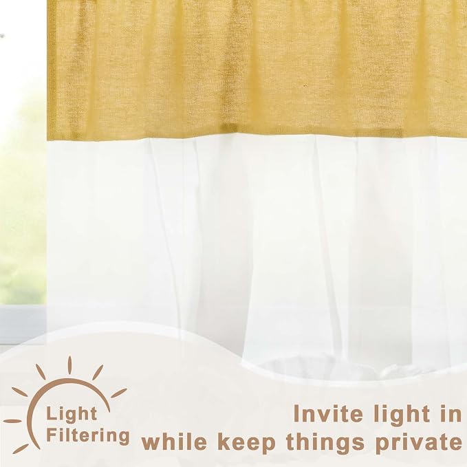 Likiyol Linen Valances for Windows Farmhouse Window Valances with Ruffle Rustic Country Light Filtering Kitchen Valance Curtains Rod Pocket Valance for Bathroom Cafe, Yellow White, 52" W X 18" L - Image 4