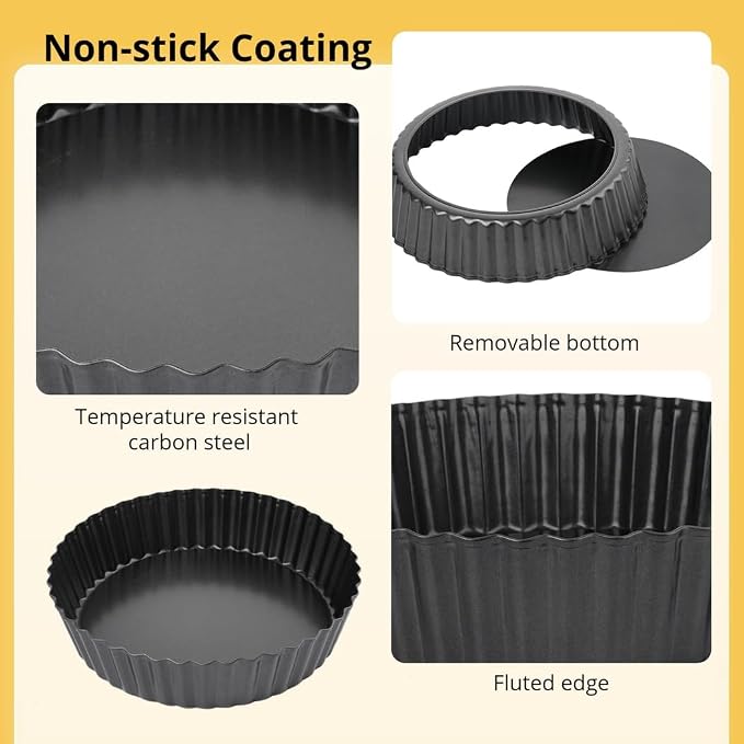 2 Pack Tart Pans, 9 in/22.8 cm Round Pie Pans with Removable Bottom, Fluted Quiche and Pie Pans, Carbon Steel Baking Pan Dish, Non Stick Coating, Easy Release and Easy Clean - Image 2