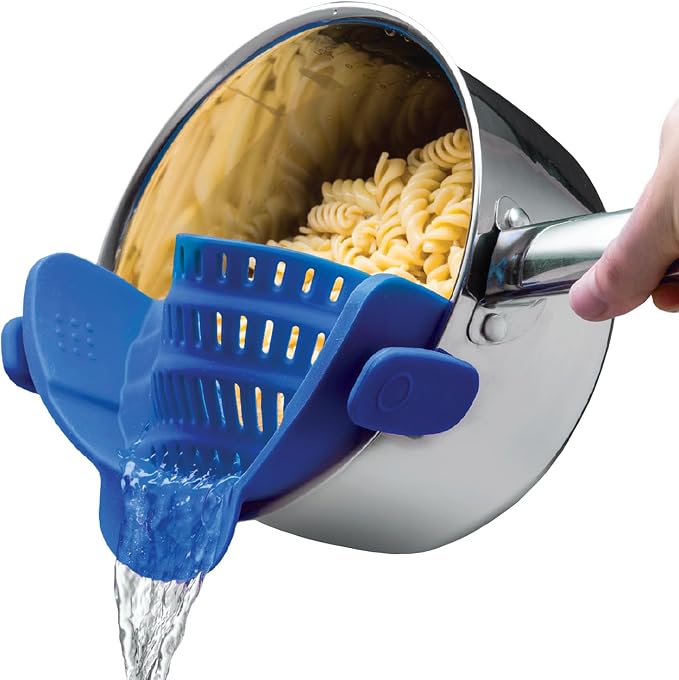 Kitchen Gizmo Snap N' Strain - Silicone Clip-On Strainer for Pots, Pans, and Bowls - Heat-Resistant Kitchen Gadgets, Essential Colander Drainer for Vegetables and Pasta - 7.87x2.76x4.53-Inch (Blue) by KitchenGizmo
