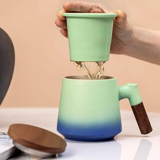 Ceramic Tea Mug with Infuser & Lid, 14oz Kiln-Transformed Unique Cup – Nature's Artisan Design, Loose Leaf Tea Cup with Infuser, Insulated Ceramic Coffee Mugs with Lid, Gift for Women/Men