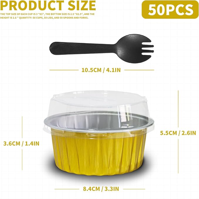 Graduation Party 50Pcs Mini Aluminum Foil Cupcake,5oz Baking Cups with Lids | Gold Disposable Ramekins for Christmas Thanksgiving,Oven Safe,Loaf Pans with Lids,Tin Cups Containers for Cupcake,Cheesecake - Image 2