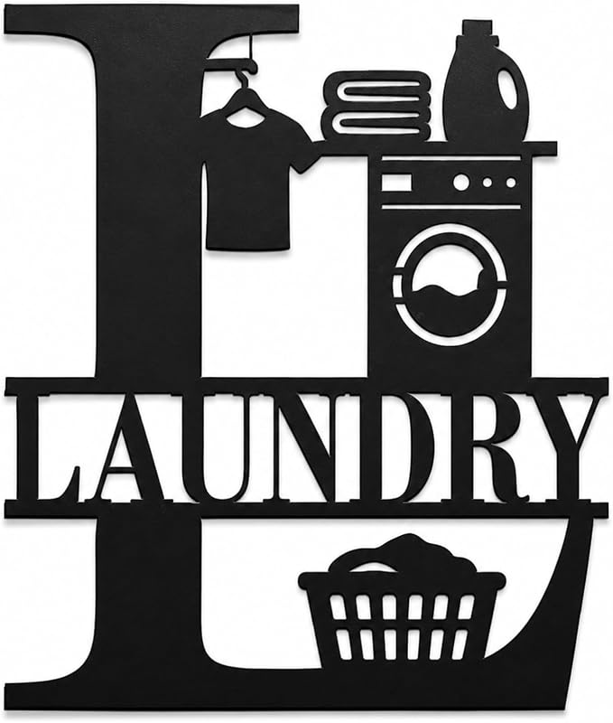 Laundry Room Metal Wall Decor, Farmhouse Laundry Sign, 14 Inch | 14-inch matte black metal laundry room sign with pre-drilled holes for farmhouse, modern, or rustic wall decor. by Bosfori