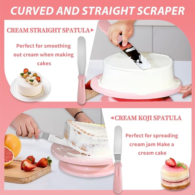 Pink Cake Decorating Supplies, spring baking kit pastel pink cake turntable kit with 10 Piping Tips, 50 Piping Bags, 2 Spatulas,3 Icing Scrapers,Pink baking supplies for girly cake decorating