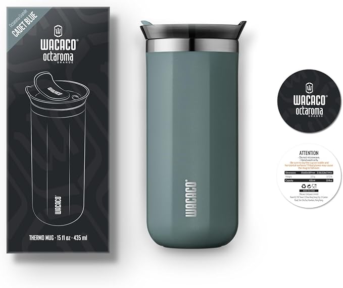 WACACO Octaroma Grande Vacuum Insulated Coffee Mug, 15 fl oz (435ml), Double-wall Stainless Steel Travel Tumbler With Drinking Lid, Cadet Blue - Image 7