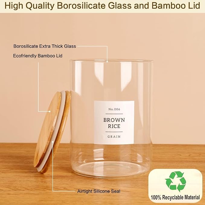 3 Pcs Glass Canisters with Airtight Bamboo Lids and 42 Kitchen Pantry Labels Preprinted - Clear Glass Flour and Sugar Storage Container Set - Large Glass Jars with Wood Lids(100 OZ/54 OZ/27 OZ) - Image 6