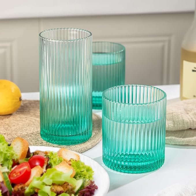 Ribbed Drinking Glasses 8pcs, 12oz and 10oz Glassware, Tumbler Glasses Cup Set for Wedding, Party, Christmas Gift, Green - Image 3