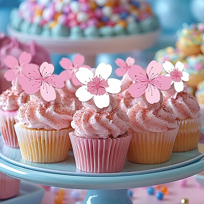 Edible Cherry Blossom Cupcake Toppers – Wafer Paper Flower Cakes Cupcakes Decorations White Pink Edible Flowers for Baby Shower Kids Birthday Spring Party Celebration Supplies (Cherry Blossom-A) - Image 3