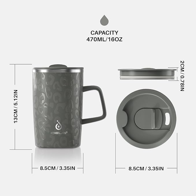 Ideus 16 oz Insulated Stainless Steel Coffee Mug with Lid, Leopard Gray | Perfect for home, office, or daily use| Easy to clean wide mouth| Sweat-proof| On the go - Image 6