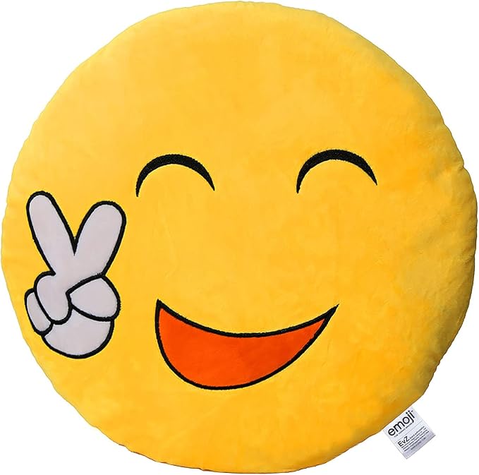 EvZ Official Certified Yeah Emoji Pillow - 32cm Large Soft Plush Smiley Face Victory Peace Sign Emoticon Cushion - Fun Decorative Stuffed Toy for Success Gift, Gaming Room & Happy Decor (Yellow) by EvZ
