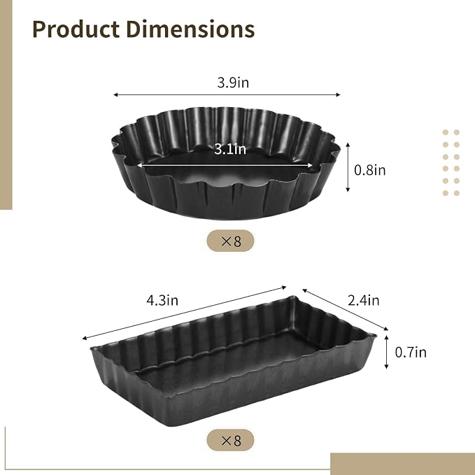 16 PCS Mini Tart Pans, Round and Rectangle Pie Pans, 4 Inches Carbon Steel Tart Mold, Removable Bottom Nonstick Quiche Pan, Fluted Side Dessert Baking Mold Set for Egg Tarts, Pies, Mousse Cakes - Image 3