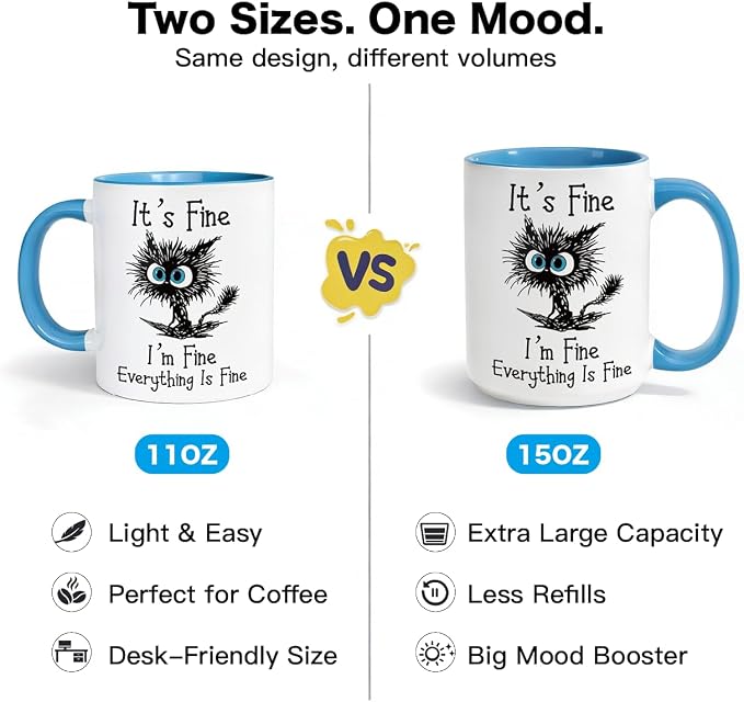 Funny Cat Coffee Mug for Cat Lovers, Everything Is Fine Mug 11oz | Double-Sided Print, Microwave & Dishwasher Safe, Sarcastic Saying - Image 8