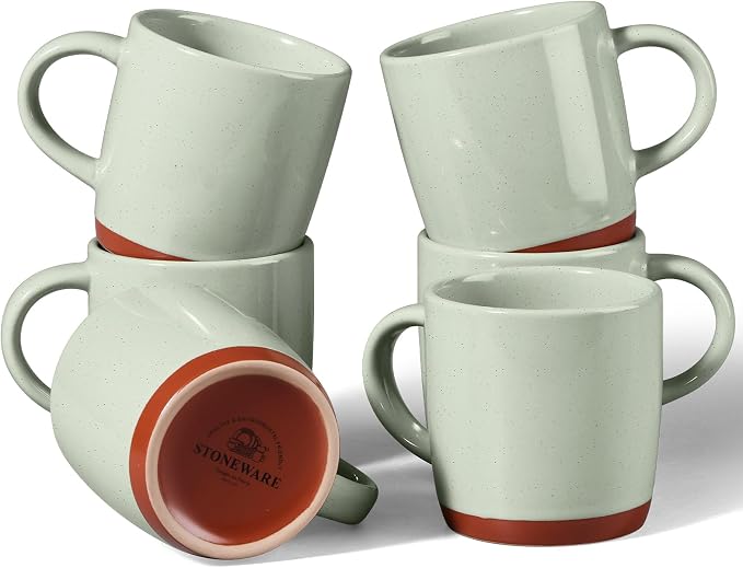 E-far Ceramic Coffee Mug Set of 6, 12oz Stoneware Coffee Cup with Handle, Porcelain Tea Cups, Modern Farmhouse Latte Mug Gift Set for Women & Men, Microwave Safe, Speckled Green by E-far