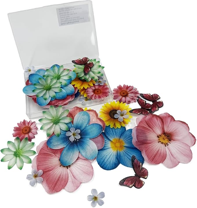 Set of 55 Edible Flowers & Butterflies Cupcake Toppers Wedding Cake Party Food Decoration Mixed Size & Colour for Anniversary (Flower Butterfly) - Image 6