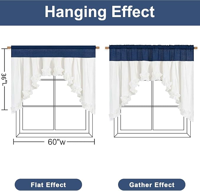 Likiyol Linen Valances for Windows Farmhouse Ruffle Swag Valance Rustic Country Window Valances Light Filtering Kitchen Curtains Rod Pocket Valance Curtains for Bathroom, Navy Blue White, 60"W x 36"L - Image 2