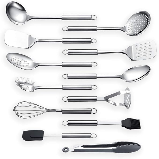 Berglander Cooking Utensil Set 12 Piece Stainless Steel Kitchen Tool Set, Include Cooking Spoon, Spatula, Whisk, Cooking Tong and etc (12 Pieces) - Image 2