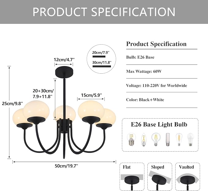 5 Light Black Milk Glass Chandelier Farmhouse Pendant Lights Kitchen Island Frosted White Globe Chandelier Mid Century Modern Dining Room Light Fixtures Over Table - Image 2