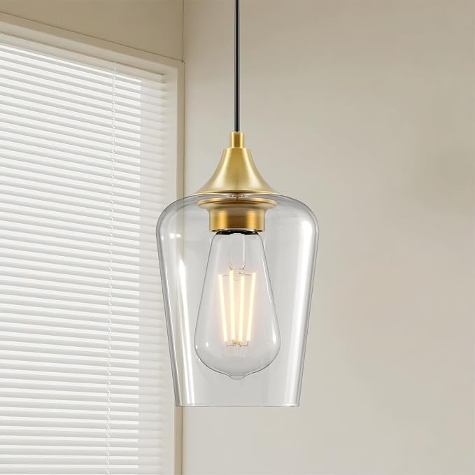 Ralbay Farmhouse Brushed Gold Pendant Light 2-Pack, Pendant Light Fixtures with Wine Clear Glass Shade, Kitchen Island Lighting for Dining Room, Rustic Adjustable Hanging Lighting Fixture - Image 5