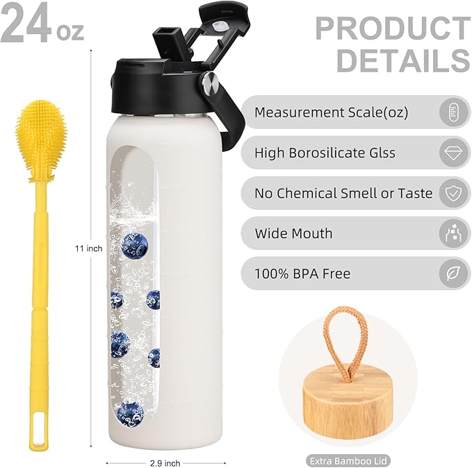 24 oz Glass Water Bottle with 2 Lids-Handle Straw Lid & Bamboo Lid,1 Liter Motivataional Tumbler Water Bottle Time Marker, Borosilicate Glass Water Bottles With Silicone Sleeve, Leakproof