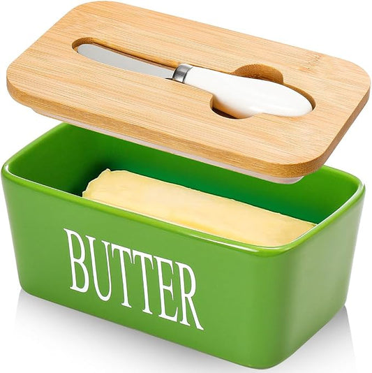 Ceramic Butter Dish with Lid and Knife & Silicone Seal for Countertop Green | Suitable Capacity, Great Sealing, Home Decor Kitchen Gift Housewarming Gift by AISBUGUR