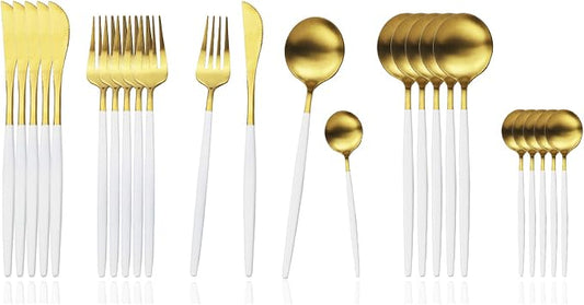 JASHII Silverware Set, 24-Piece Stainless Steel Flatware Set,Kitchen Utensil Set Service for 6,Tableware Cutlery Set for Home, Dishwasher Safe (Matte White handle gold) by JASHII