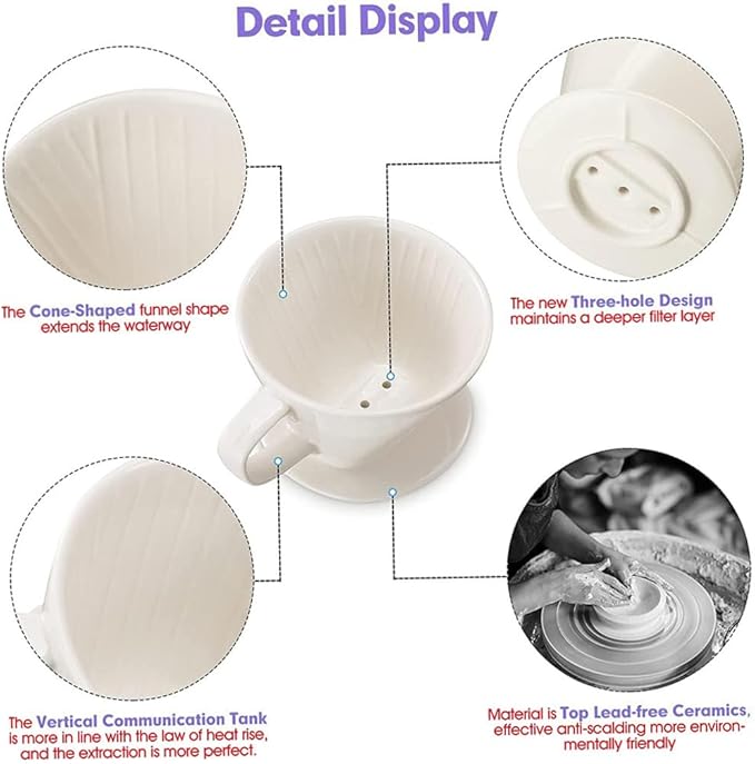 Ceramic Coffee Filter Reusable Pour Over Coffee Maker Dripper with 3 Drip Holes White