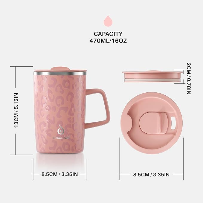 Ideus 16 oz Insulated Stainless Steel Coffee Mug with Lid, Leopard Pink | Perfect for home, office, or daily use| Easy to clean wide mouth| Sweat-proof| On the go - Image 6