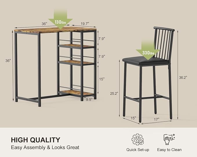 Gizoon 3-Piece Bar Dining Table Set for 2, Kitchen Table w/Shelves Retro | Space-saving retro bar height table set with 3 storage shelves. Includes 2 high-density PU cushion chairs that tuck away. - Image 6
