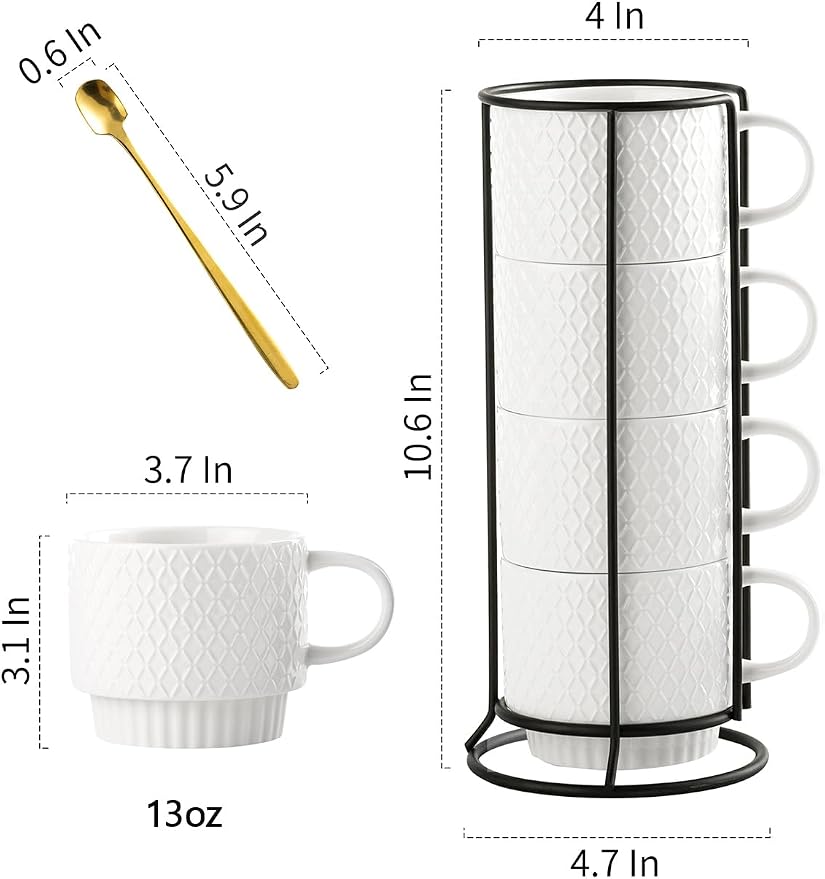 Gomakren Stackable 13oz Coffee Mugs Set of 4 with Stand & Spoons, White | Large Capacity for Cappuccino Coffee Milk Tea Drinks | Embossed Stoneware Mugs, Black Metal Rack, Microwave/Dishwasher Safe - Image 4