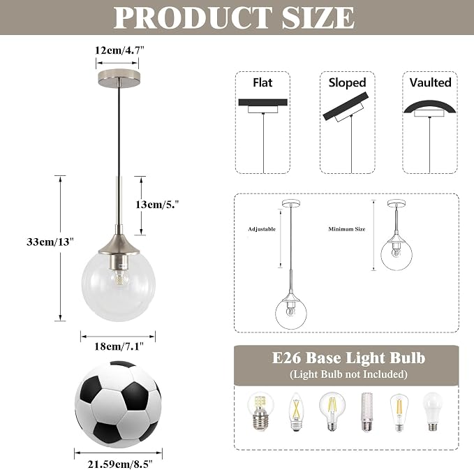 KCO Lighting 7.1” Glass Globe Pendant Light Brushed Nickel Ceiling Light Fixture Mid Century Modern Pendant Lights Kitchen Island Small Bubble Glass Pendant Light - Image 2