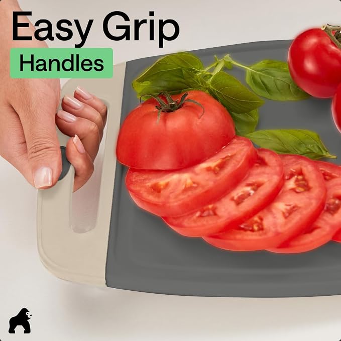 GORILLA GRIP BPA-Free Reversible Kitchen Cutting Board Set of 3, US Designed, Nonporous, Juice Grooves Catch Liquid, Slip Resistant Border, Dishwasher Safe, Durable Food Chopping Boards, Gray Almond - Image 8
