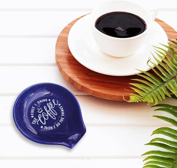 Littlefa Coffee Spoon Rest Holder-Coffee Bar Accessories-Navy Blue | Funny Ceramic Coffee Spoon Rest for Coffee Bar Accessories Essentials, But First I Drink Sign Coffee Lovers Gifts - Image 5