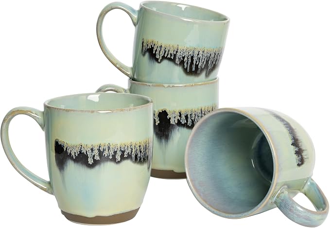 Bosmarlin Ceramic Coffee Mug Set of 4, 17 Oz, Coffee Cups with Big Handle, Microwave Safe, Unique Reactive Glaze (17 Oz, Turquoise Green Light) by Bosmarlin