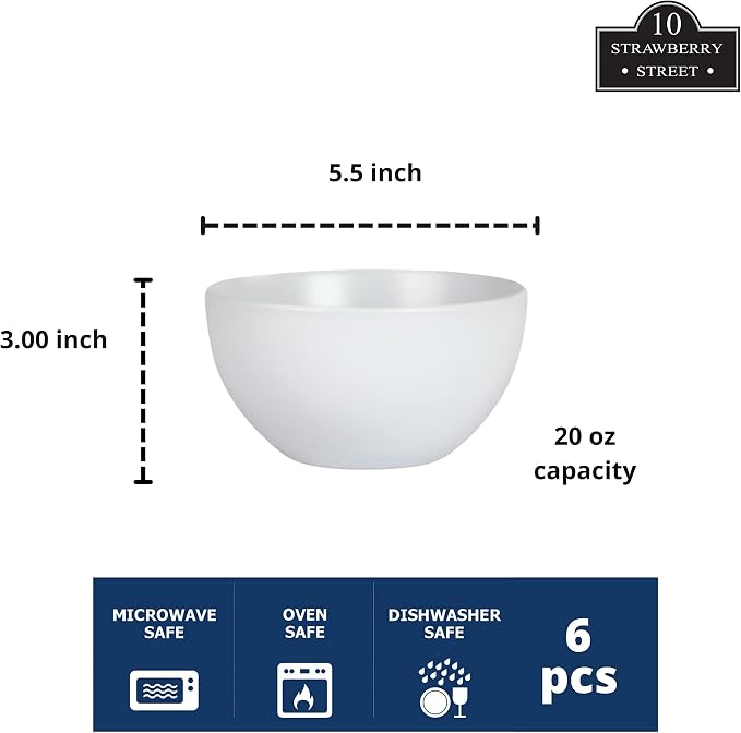 10 Strawberry Street Wazee Matte 5.5"/16oz Cereal Bowl, Set of 6, White - Image 2