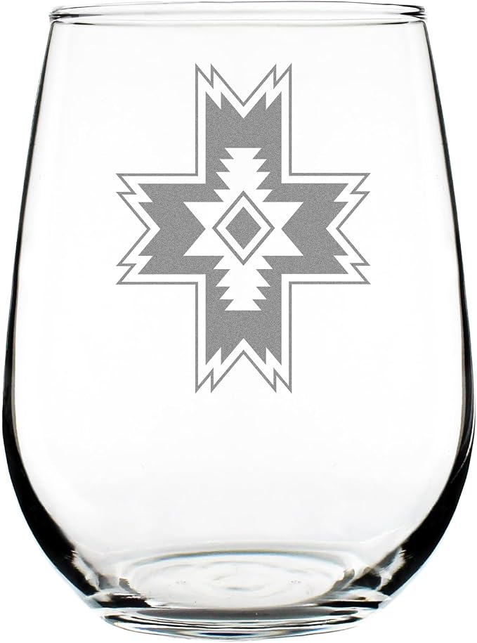 Southwestern Geometric Engraved 17oz Stemless Wine Glass | Aztec Boho Etched Glassware for Her Him Housewarming by Make+Your+Mark+Design