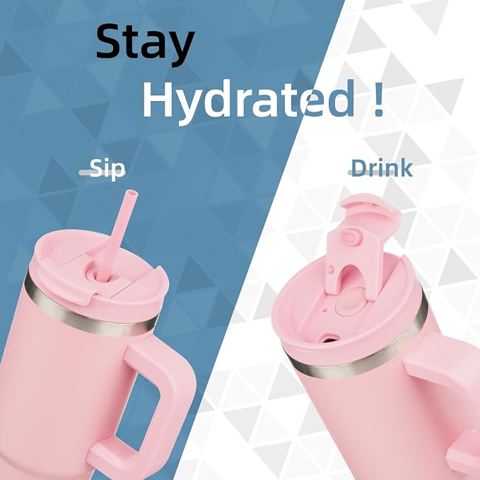 Konokyo 40 oz Insulated Tumbler Water Bottle with Handle, Straw Lid | BPA-free and dishwasher safe; made for gym, travel, coffee and gifting, 2 straws, cup holder friendly,Pink - Image 2